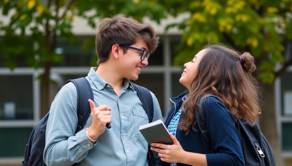 Pelajar sekolah pacaran di sekolah dengan latar belakang suasana kampus yang tenang