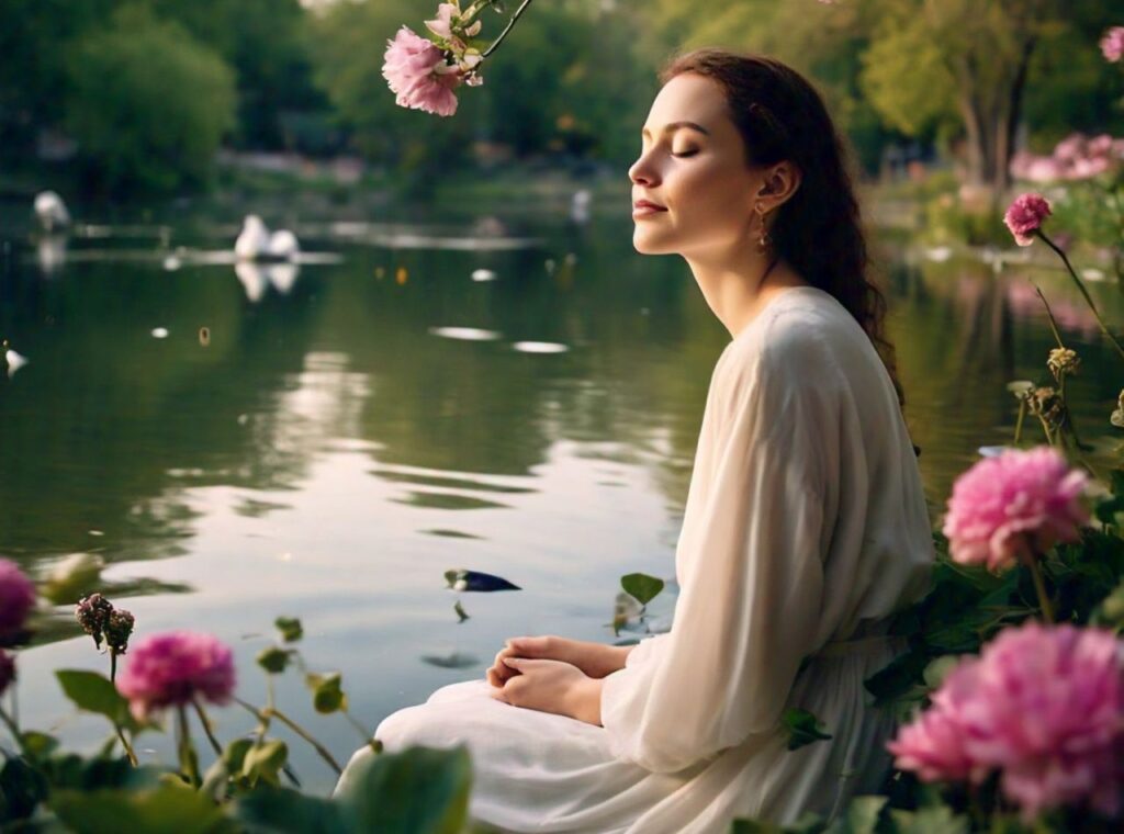 Ilustrasi seseorang bermeditasi di lingkungan alami yang tenang, dikelilingi bunga dan matahari terbenam yang indah, melambangkan cinta diri dan kedamaian batin.