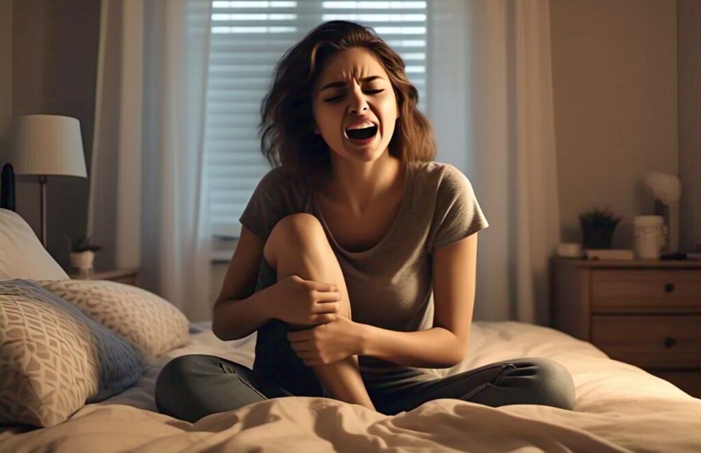 Seseorang terbangun di tengah malam karena kram betis, sambil memegang betisnya dengan ekspresi kesakitan di tempat tidur.