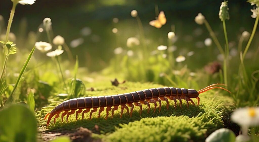 Gambar kaki seribu dengan tubuh panjang dan banyak kaki, bergerak di atas tanah.