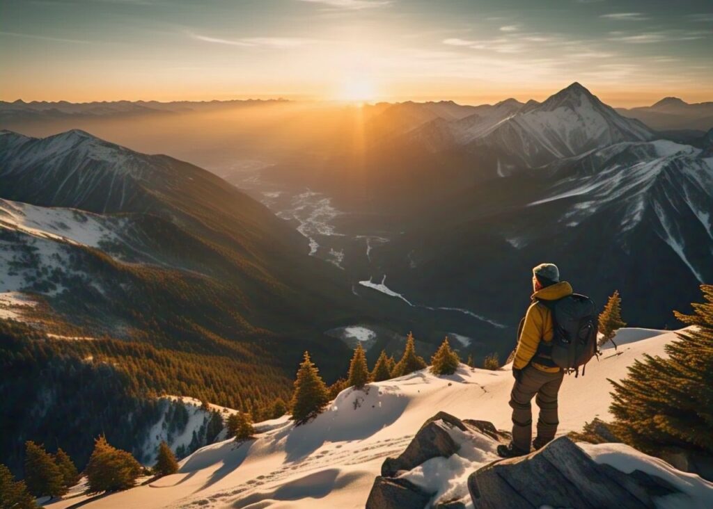 Seorang pendaki berdiri di puncak gunung saat matahari terbit, merefleksikan perjalanan spiritual dan pencarian jati diri.