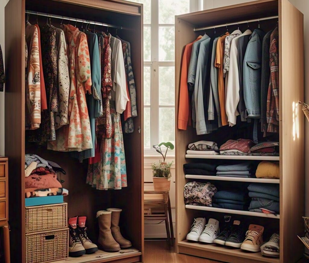 Perbandingan antara thrift store dan fast fashion store, menampilkan suasana belanja di kedua tempat dengan fokus pada keunikan pakaian thrift dan keteraturan fast fashion.