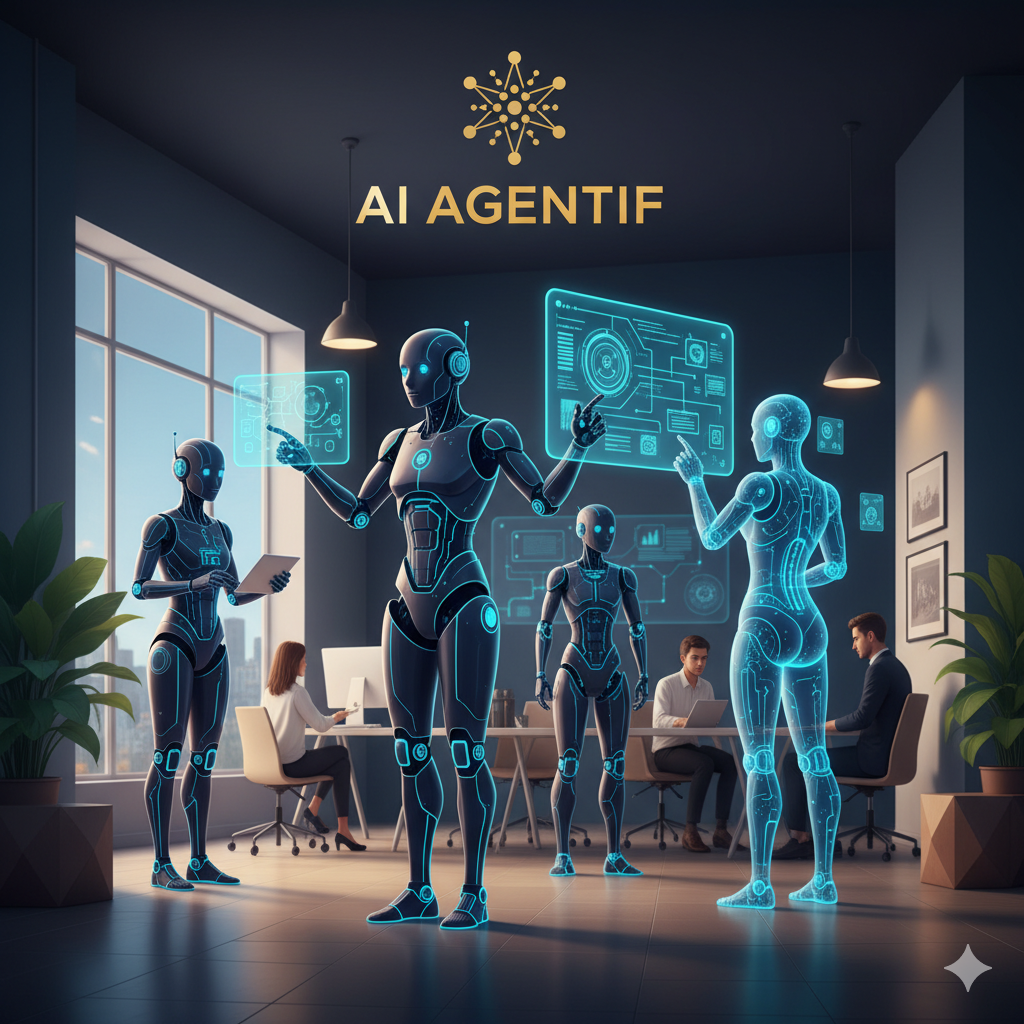 lustrasi tenaga kerja digital berbasis AI Agentif yang berkolaborasi di kantor.