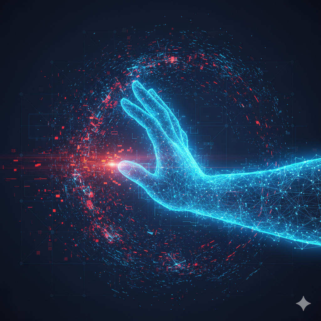 Tangan digital menahan ancaman Deepfake. Ilustrasi Kriptografi Pasca-Kuantum dan Tata Kelola AI 2025.