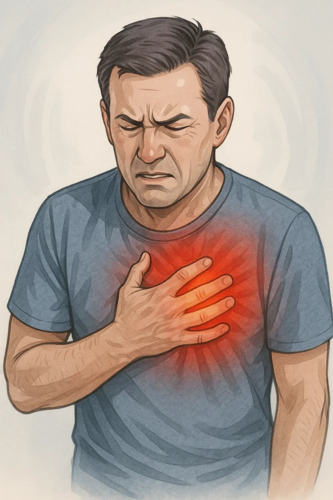 Pria memegang area dada dengan ekspresi nyeri sebagai gejala angin duduk.