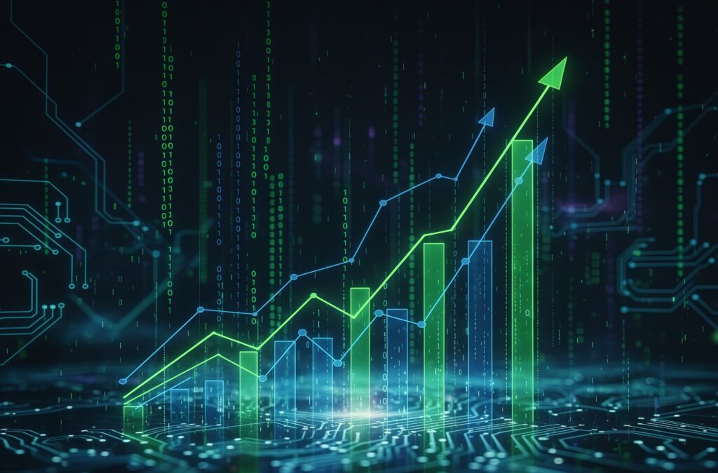 grafik pertumbuhan ekonomi yang melonjak di atas lanskap sirkuit digital dan data AI, melambangkan Perkembangan Tren Global 2026.