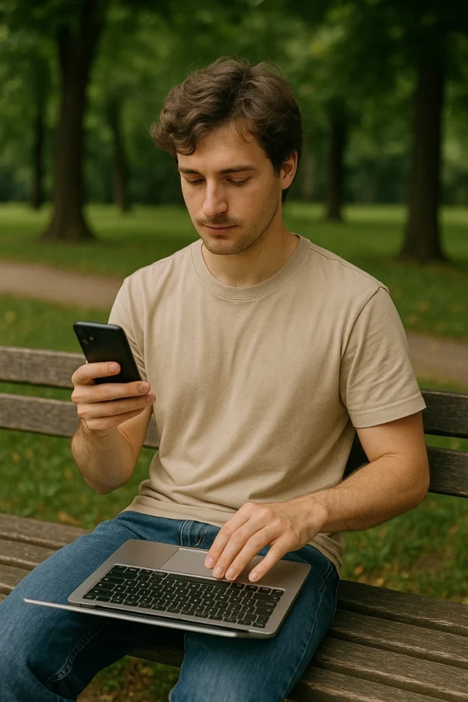Anak muda duduk di taman sambil memegang ponsel dan laptop, melambangkan kebutuhan digital detox di era serba online
