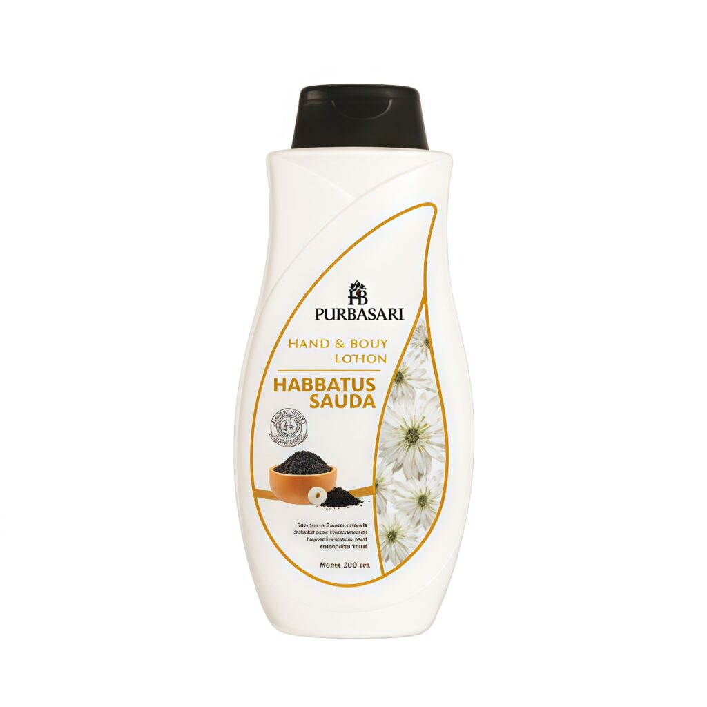 Botol Purbasari Body Lotion Habbatussauda Whitening ukuran 200ml dengan kandungan antioksidan.