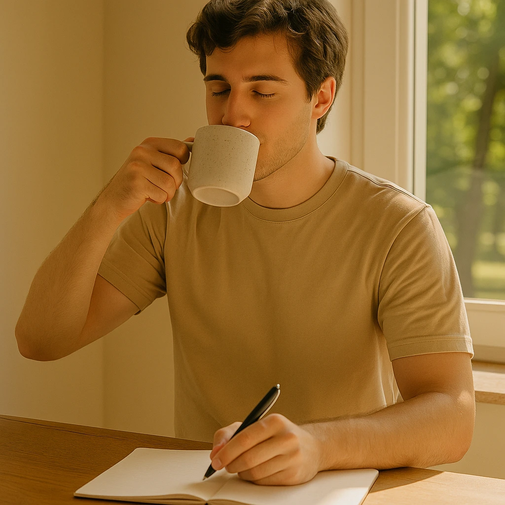 Morning Routine anak muda minum kopi sambil menulis jurnal di pagi hari dengan cahaya matahari masuk melalui jendela