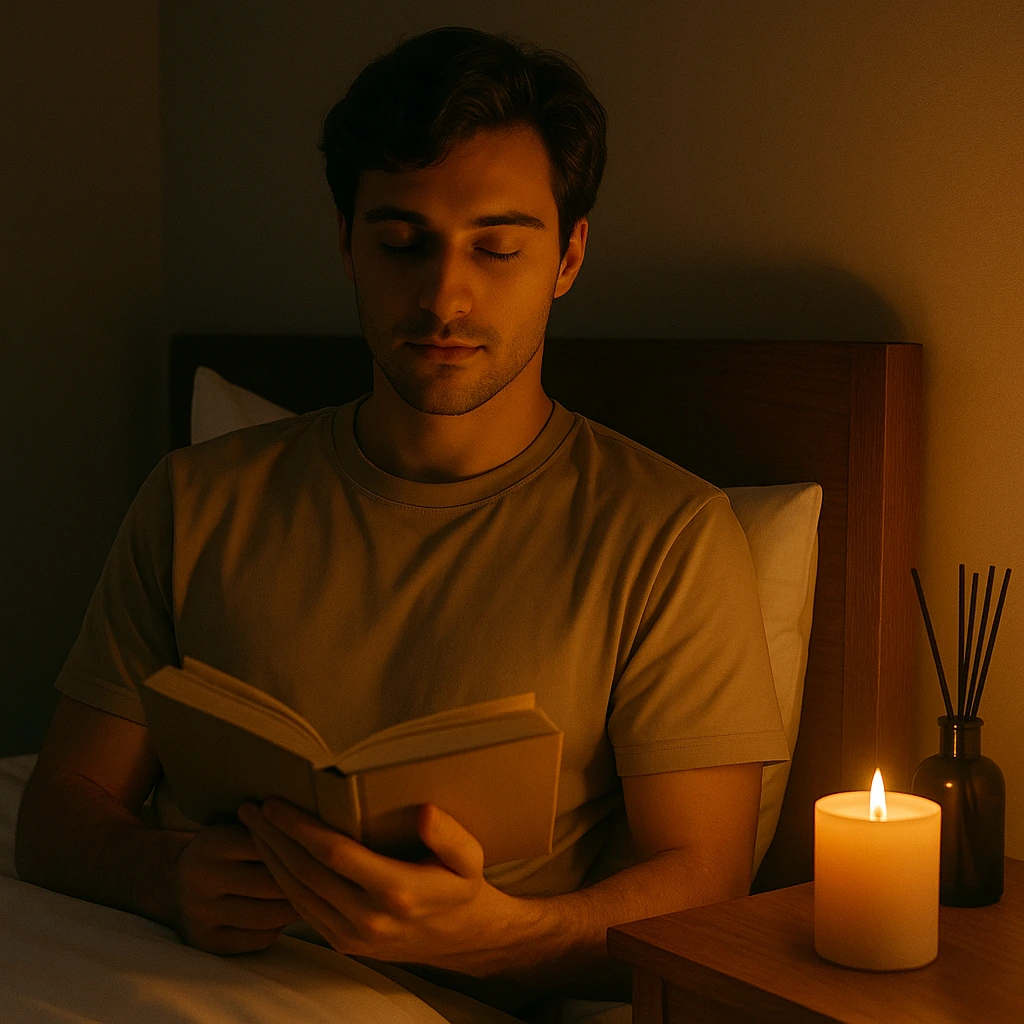 Anak muda membaca buku di kamar dengan cahaya lampu hangat sebagai bagian dari night routine untuk tidur lebih nyenyak