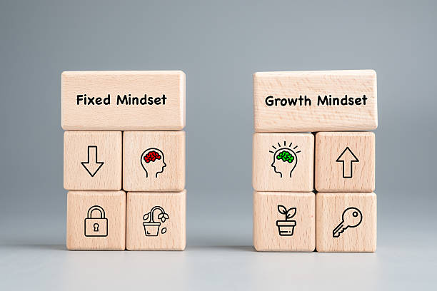 Diagram balok kayu Fixed Mindset vs Growth Mindset, konsep inti dalam psikologi kesuksesan.