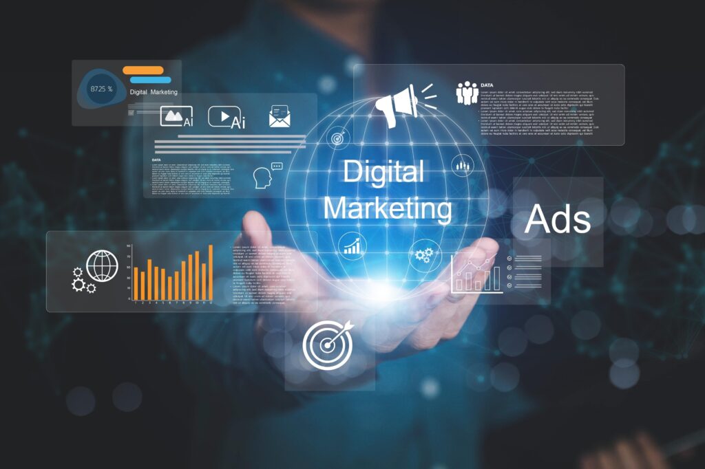 Ilustrasi futuristik Strategi Digital Marketing 2026, menampilkan integrasi AI, data, dan iklan dalam antarmuka holografik.