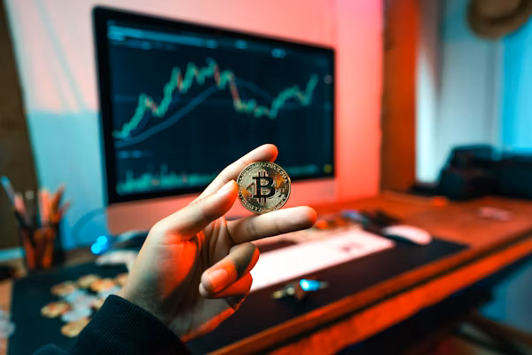 Seorang Gen Z memegang Bitcoin fisik di depan grafik crypto di komputer, bagian dari strategi Investasi Gen Z 2026.