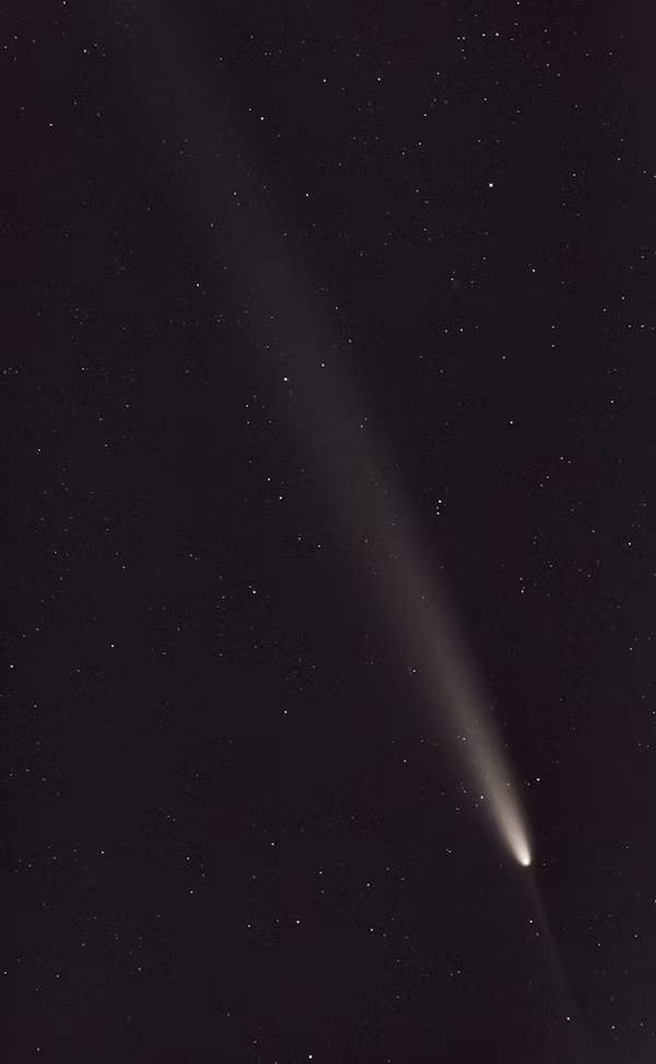 Ilustrasi Komet Tsuchinshan-ATLAS 2024 (C/2023 A3) dengan ekor debu yang terang, di langit malam berbintang.