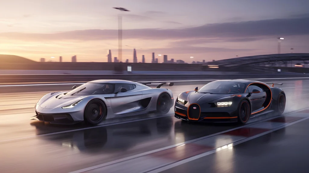 Duel balap mobil tercepat di dunia 2025, Koenigsegg Jesko Absolut vs Bugatti Chiron Super Sport di lintasan balap.