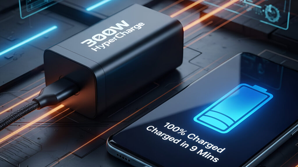 Ilustrasi teknologi fast charging 300W HyperCharge pada smartphone yang menampilkan pengisian baterai penuh 100% dalam 9 menit.