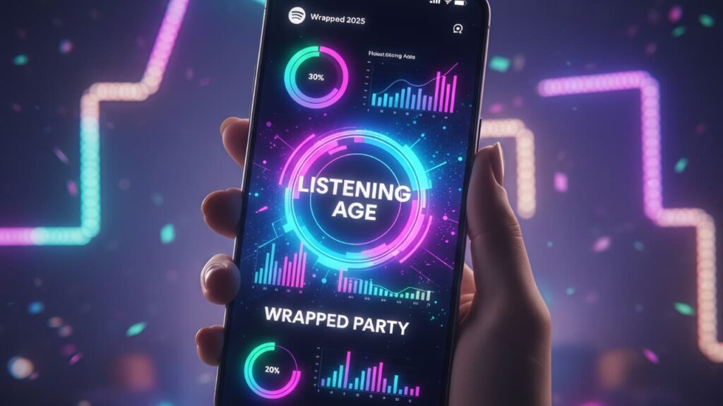 Ilustrasi layar smartphone menampilkan fitur Listening Age dan Wrapped Party pada aplikasi Spotify Wrapped 2025 dengan desain neon futuristik.