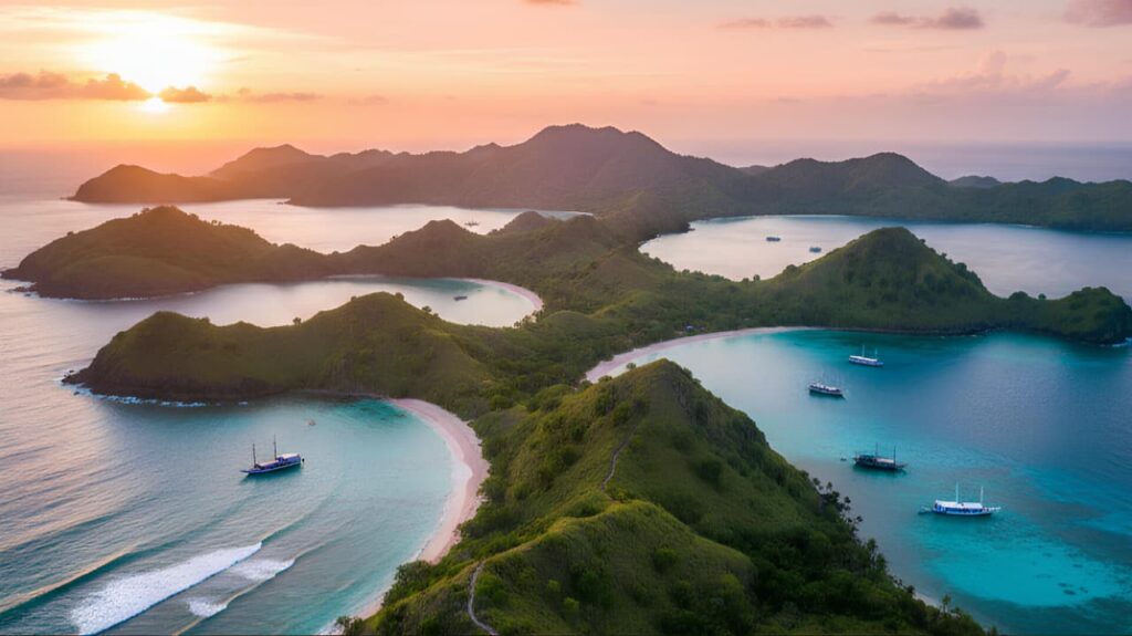 Pemandangan sunset di pulau eksotis sebagai inspirasi liburan akhir tahun 2025 yang anti macet dan memukau.