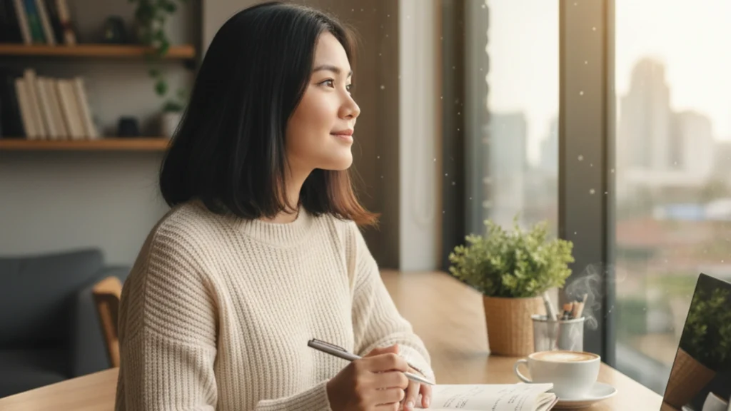 Wanita muda sedang menulis rencana Peta Jalan Hidup dan refleksi karir di buku catatan.