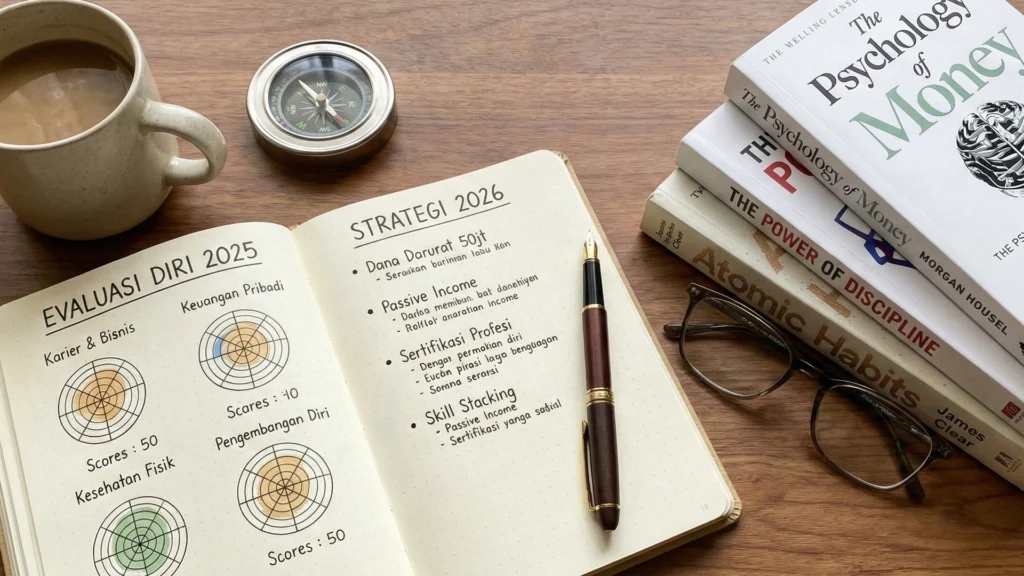 Buku jurnal terbuka menampilkan catatan Evaluasi Akhir Tahun 2025 dengan diagram roda kehidupan dan daftar strategi 2026 di meja kayu.
