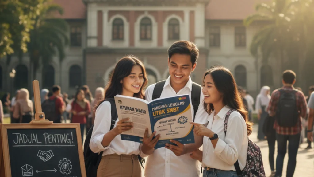 Tiga mahasiswa sedang berdiskusi sambil membaca buku panduan lengkap UTBK SNBT di halaman kampus yang asri.