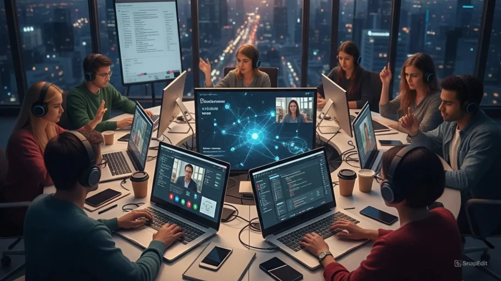 Suasana pelatihan skill digital intensif di bootcamp teknologi dengan peserta menggunakan laptop dan headset.