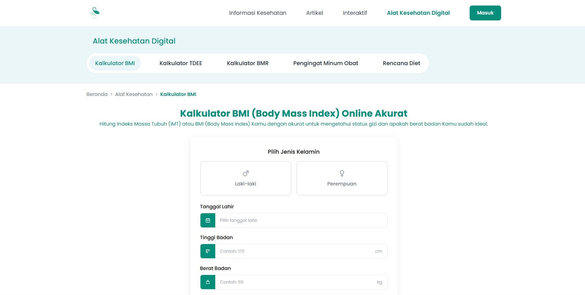 Kalkulator untuk menghitung BMI online dengan rawat id