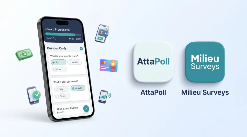 Aplikasi survei penghasil uang AttaPoll dan Milieu Surveys dengan pilihan hadiah voucher dan saldo e-wallet