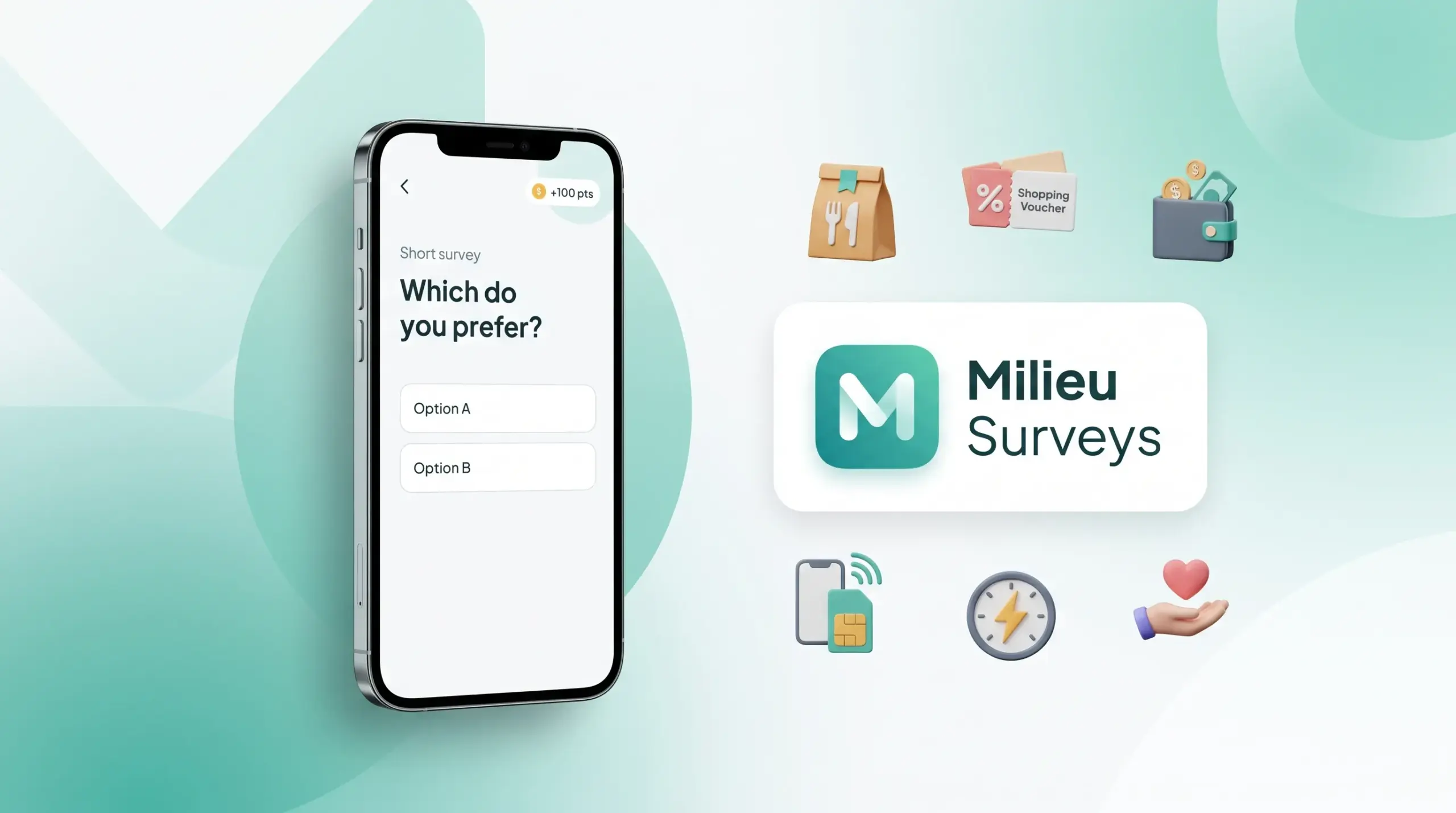 Aplikasi survei penghasil uang Milieu Surveys dengan pilihan voucher, saldo e-wallet, pulsa, dan token listrik