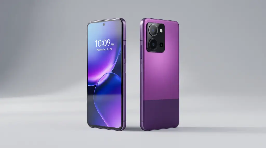 Tampilan depan dan belakang Redmi Note 17 warna ungu dengan layar AMOLED 6,99 inci