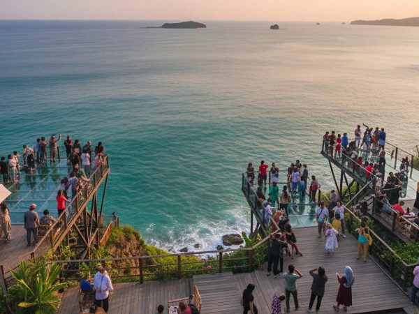 Wisatawan menikmati pemandangan sunset di spot foto teras kaca HeHa Ocean View, Gunungkidul, Yogyakarta.
