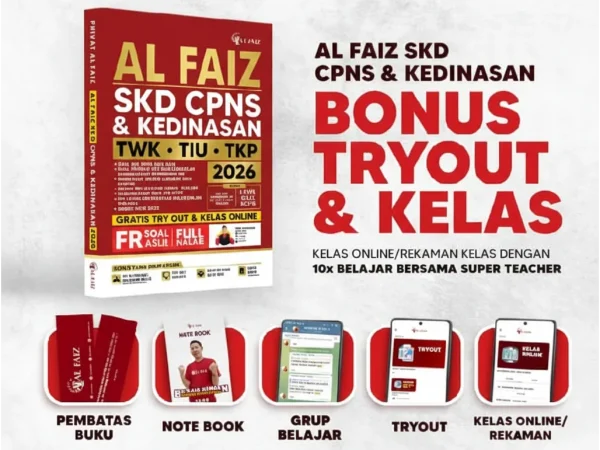 Cover buku Al Faiz SKD CPNS dan Sekolah Kedinasan 2026 lengkap dengan bonus tryout dan kelas online.